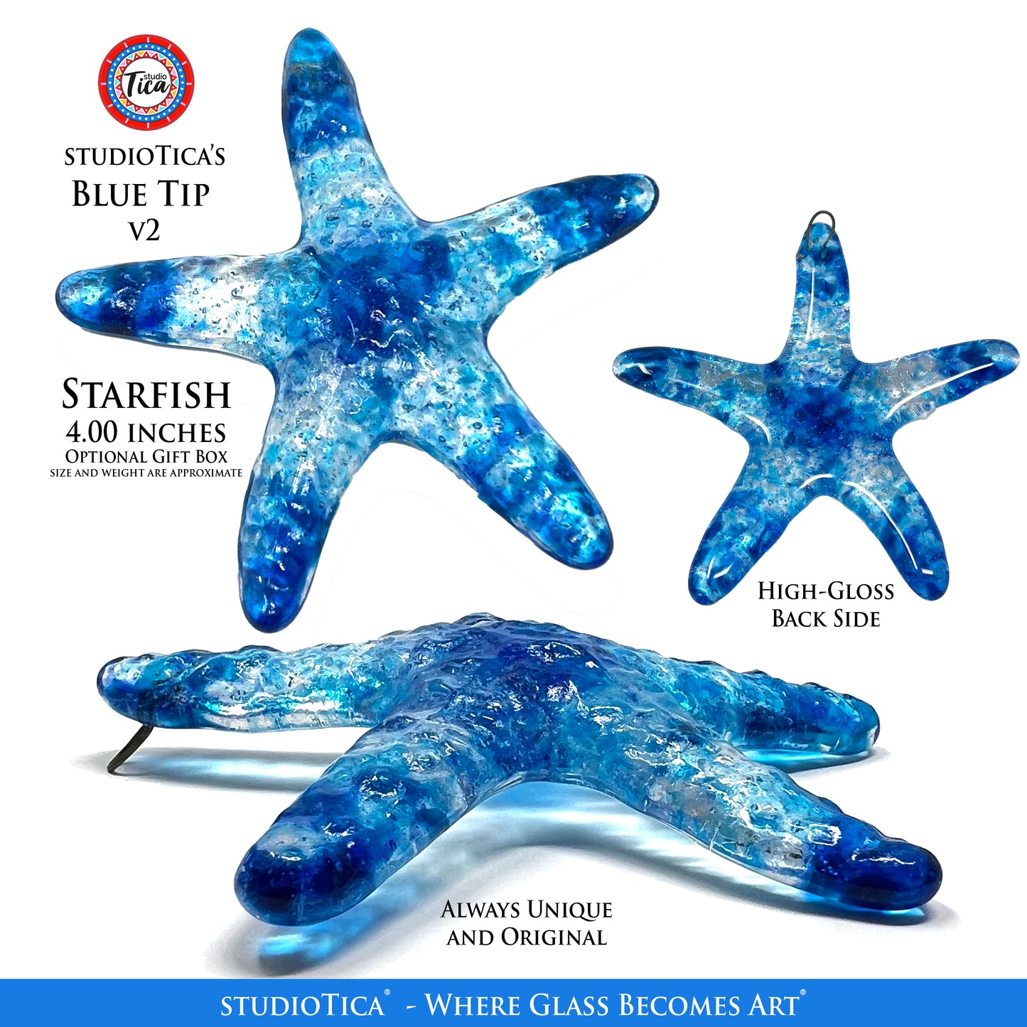 studioTica Handmade Glass Starfish - Deep Blue + Blue Tip