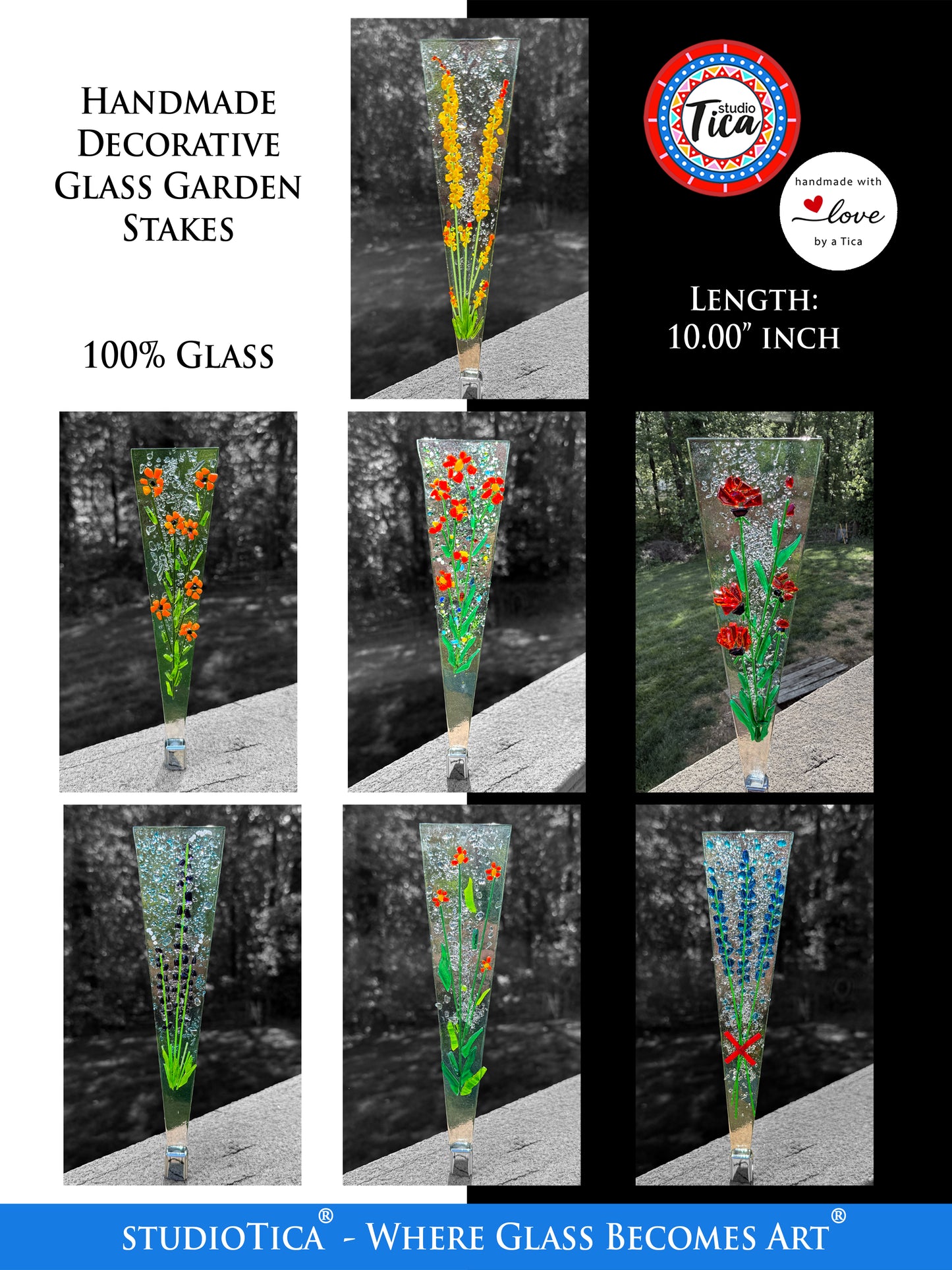 Handmade Glass Garden Stakes - 10-inches
