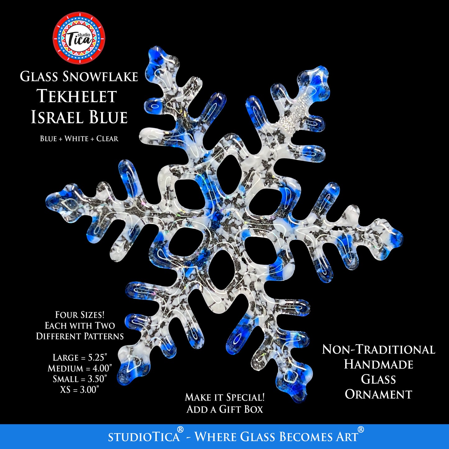 Handmade Glass Snowflake - Tekhelet Israel Blue - by studioTica