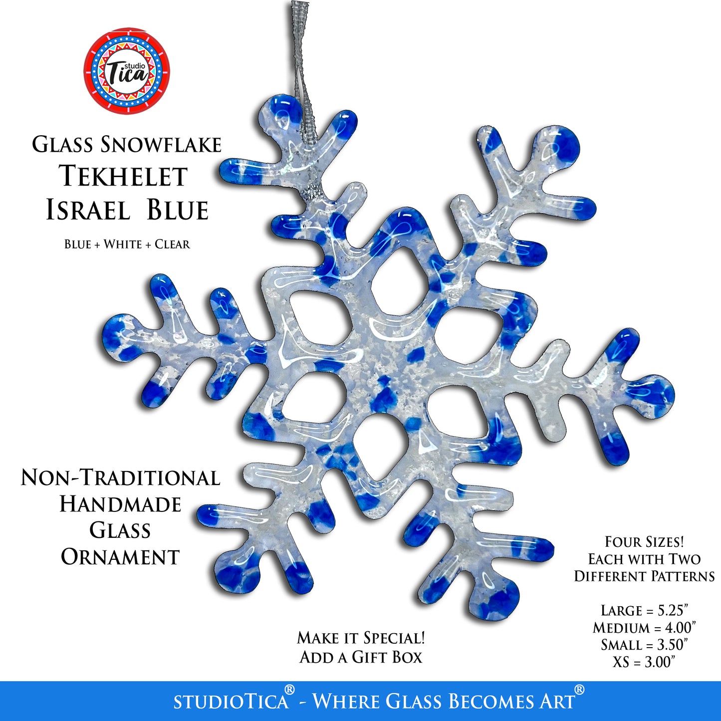 Handmade Glass Snowflake - Tekhelet Israel Blue - by studioTica