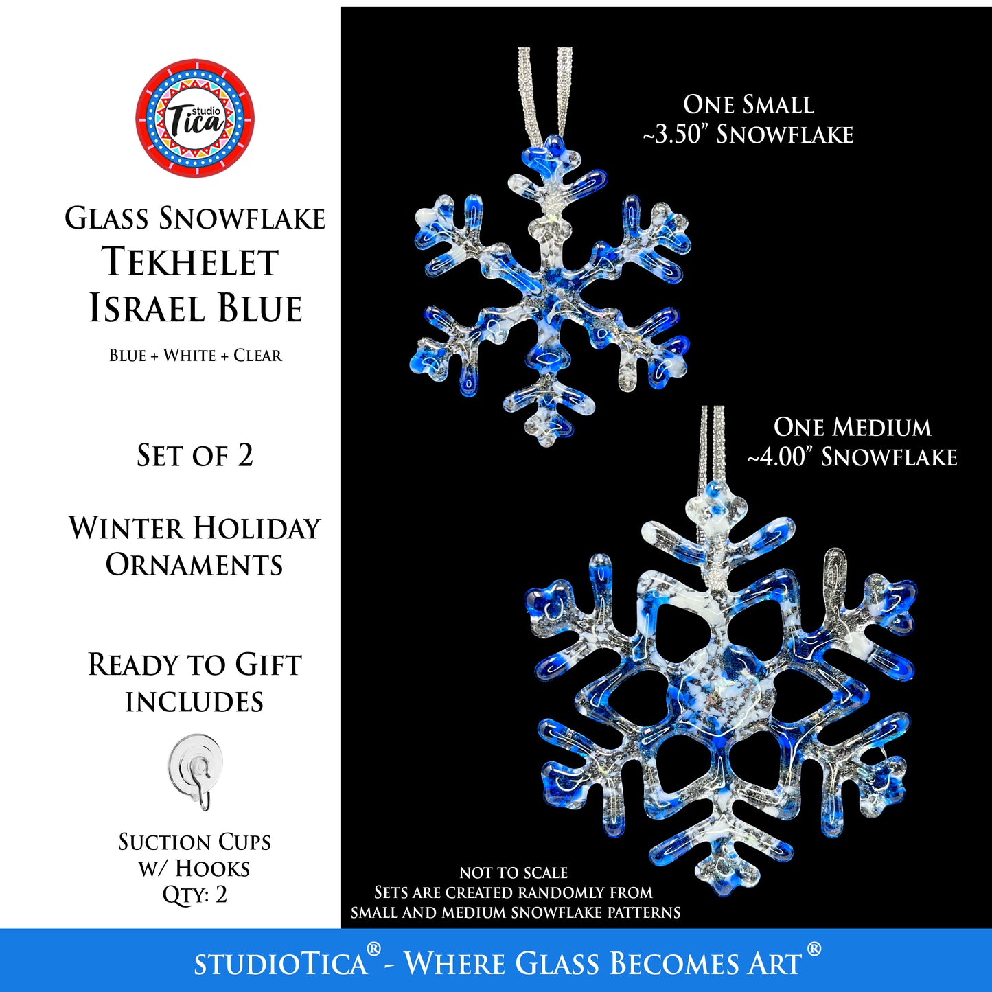 Handmade Glass Snowflake - Tekhelet Israel Blue - by studioTica