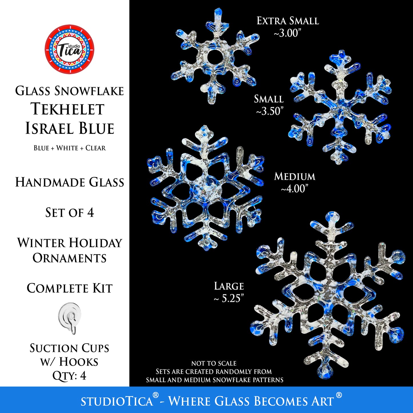 Handmade Glass Snowflake - Tekhelet Israel Blue - by studioTica