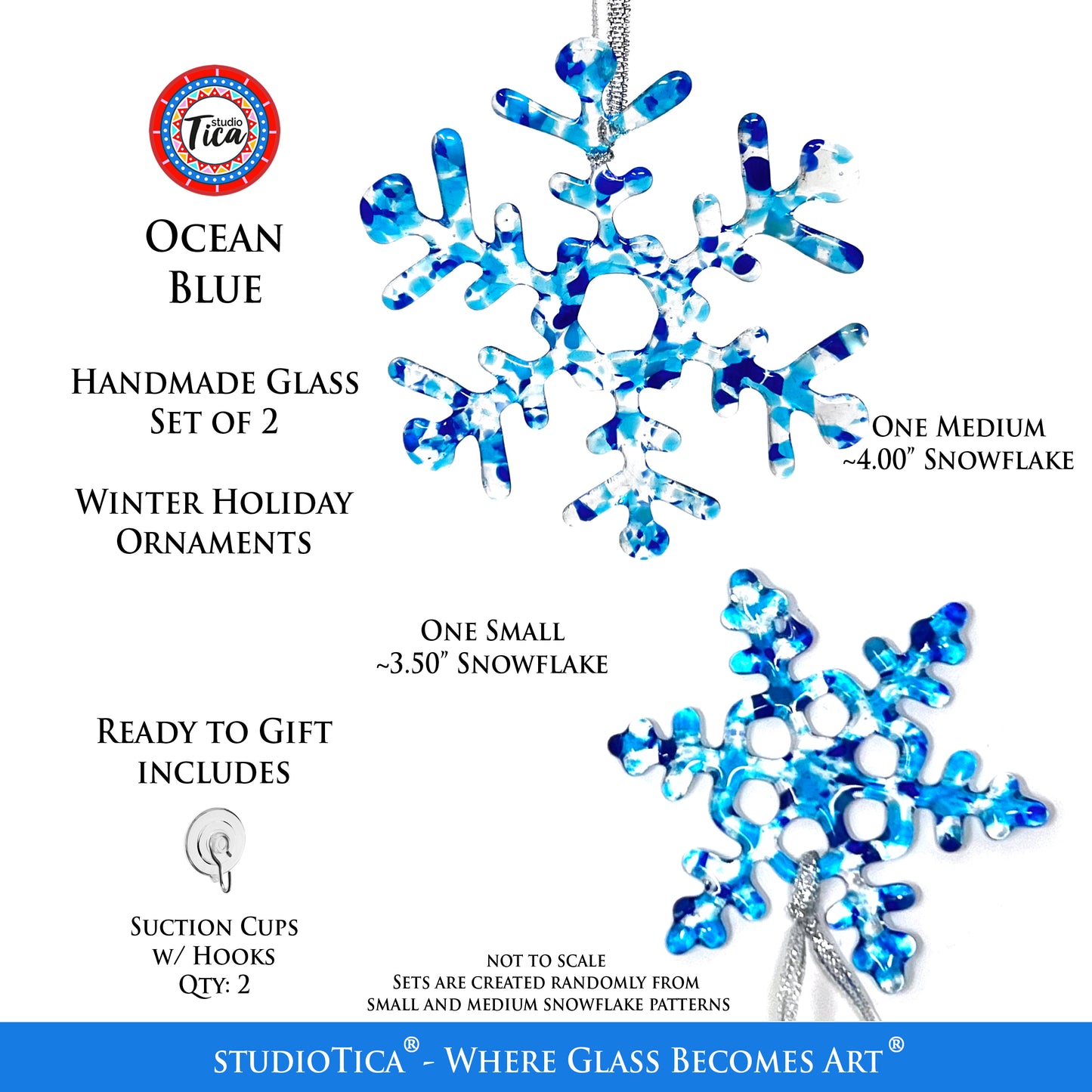 Handmade Glass Snowflake - Ocean Blue - by studioTica