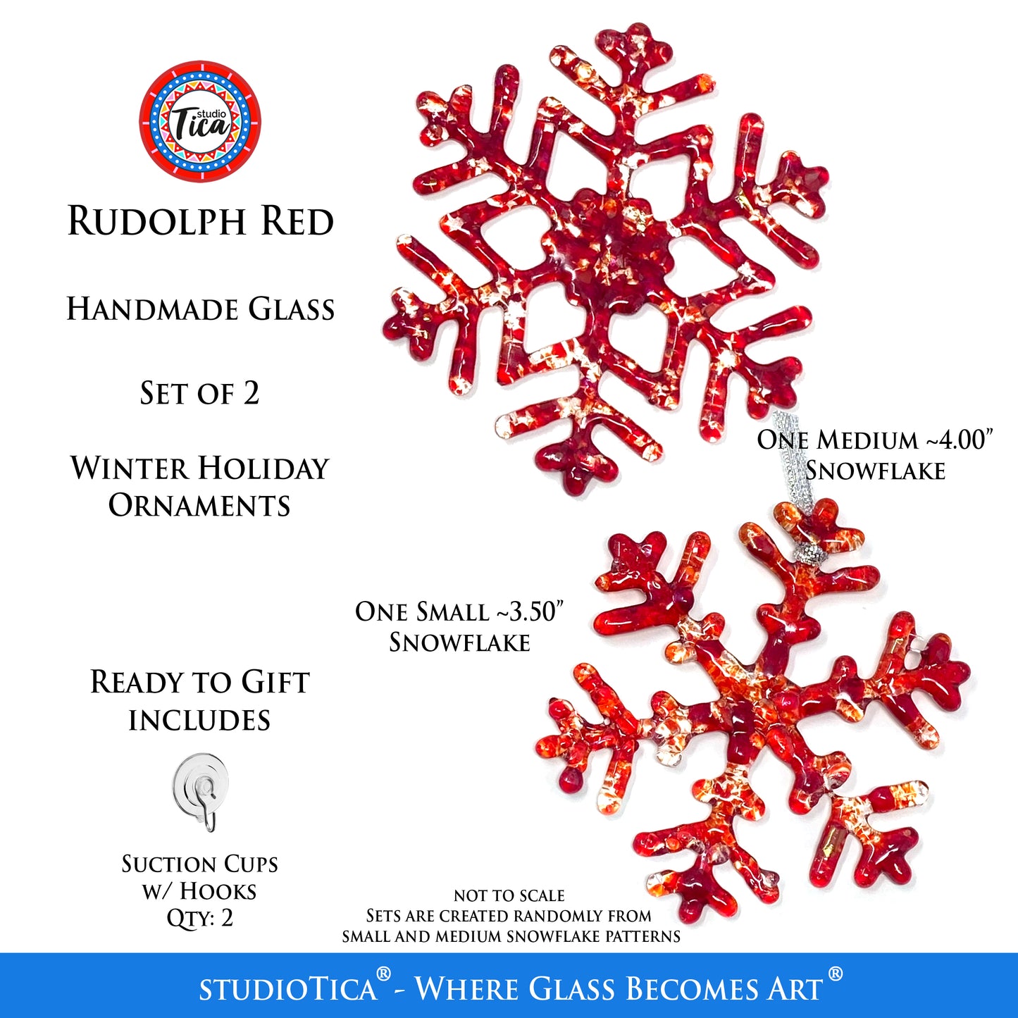 Handmade Glass Snowflake - Rudolph Red - by studioTica