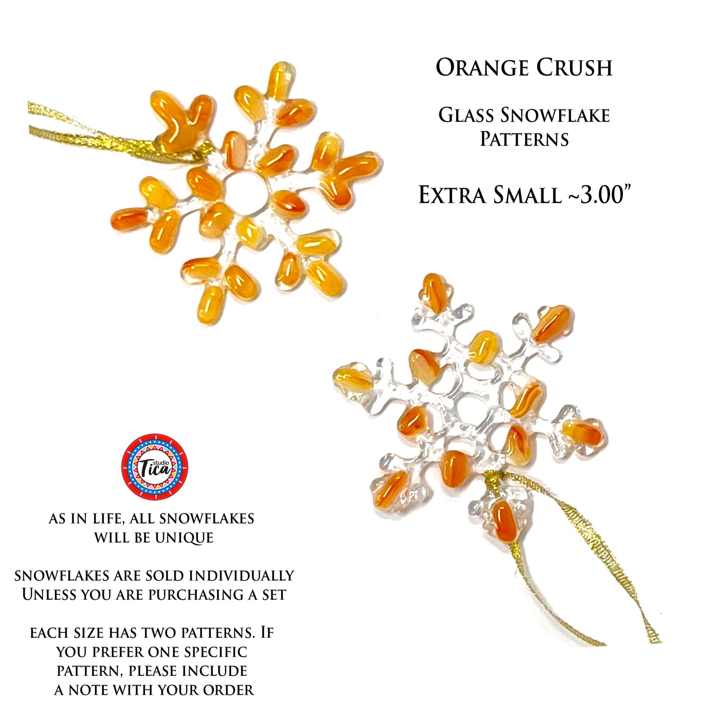 Handmade Glass Snowflake - Orange Crush - by studioTica