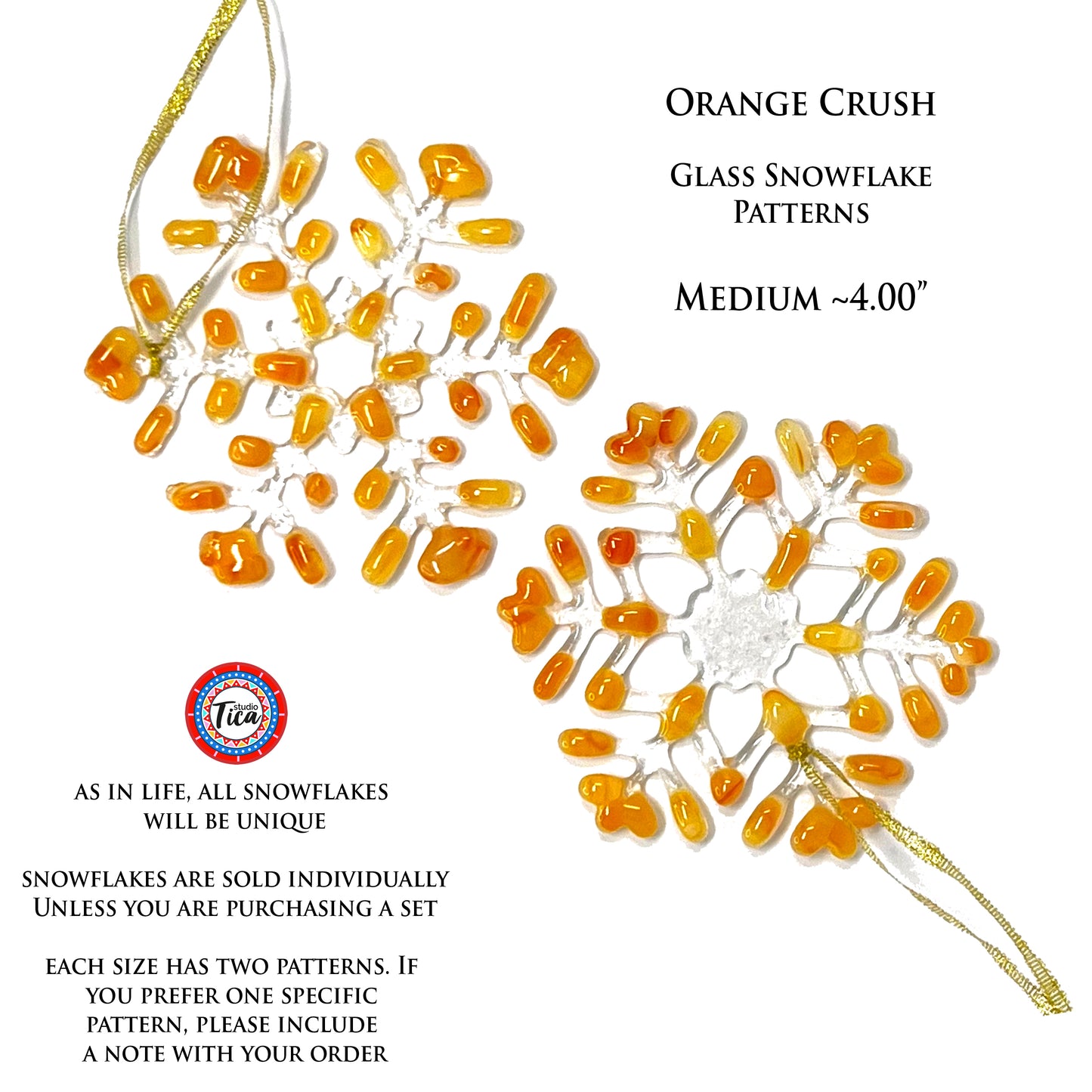 Handmade Glass Snowflake - Orange Crush - by studioTica