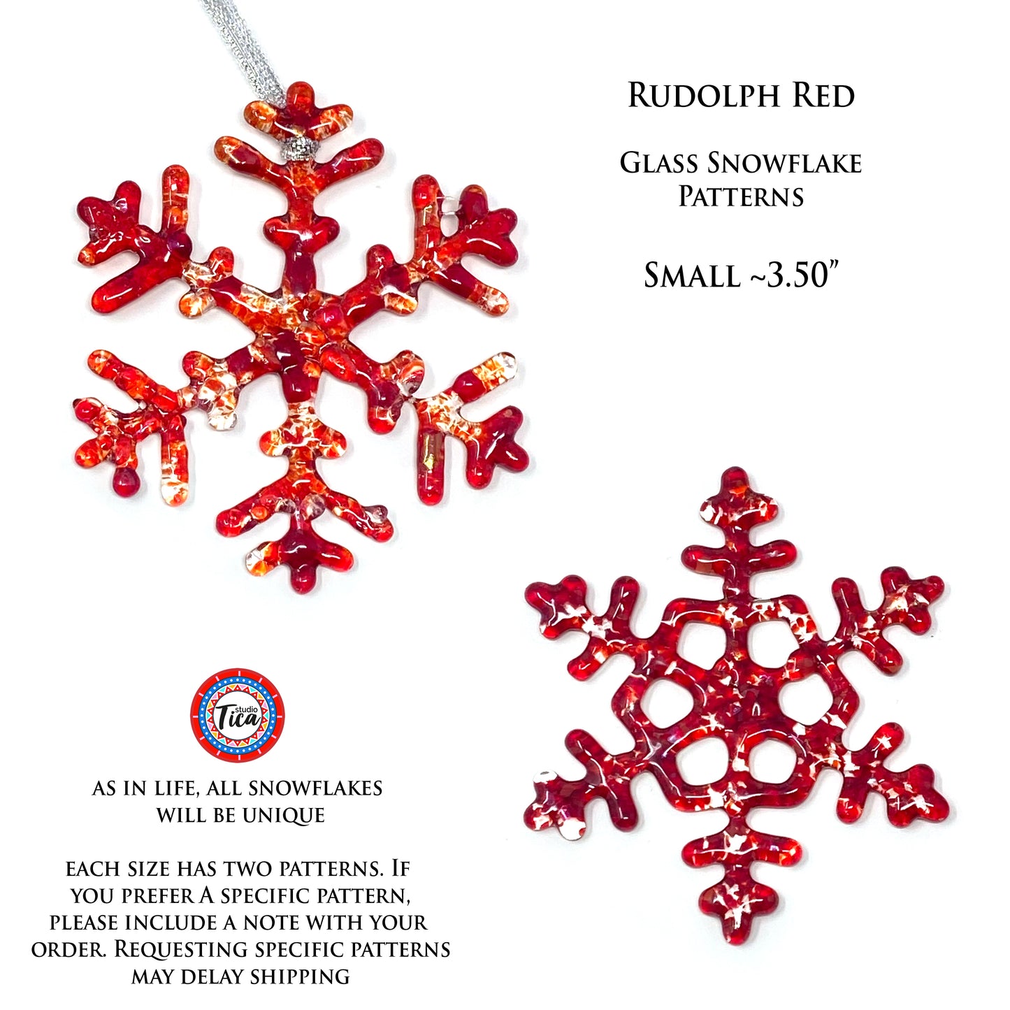Handmade Glass Snowflake - Rudolph Red - by studioTica