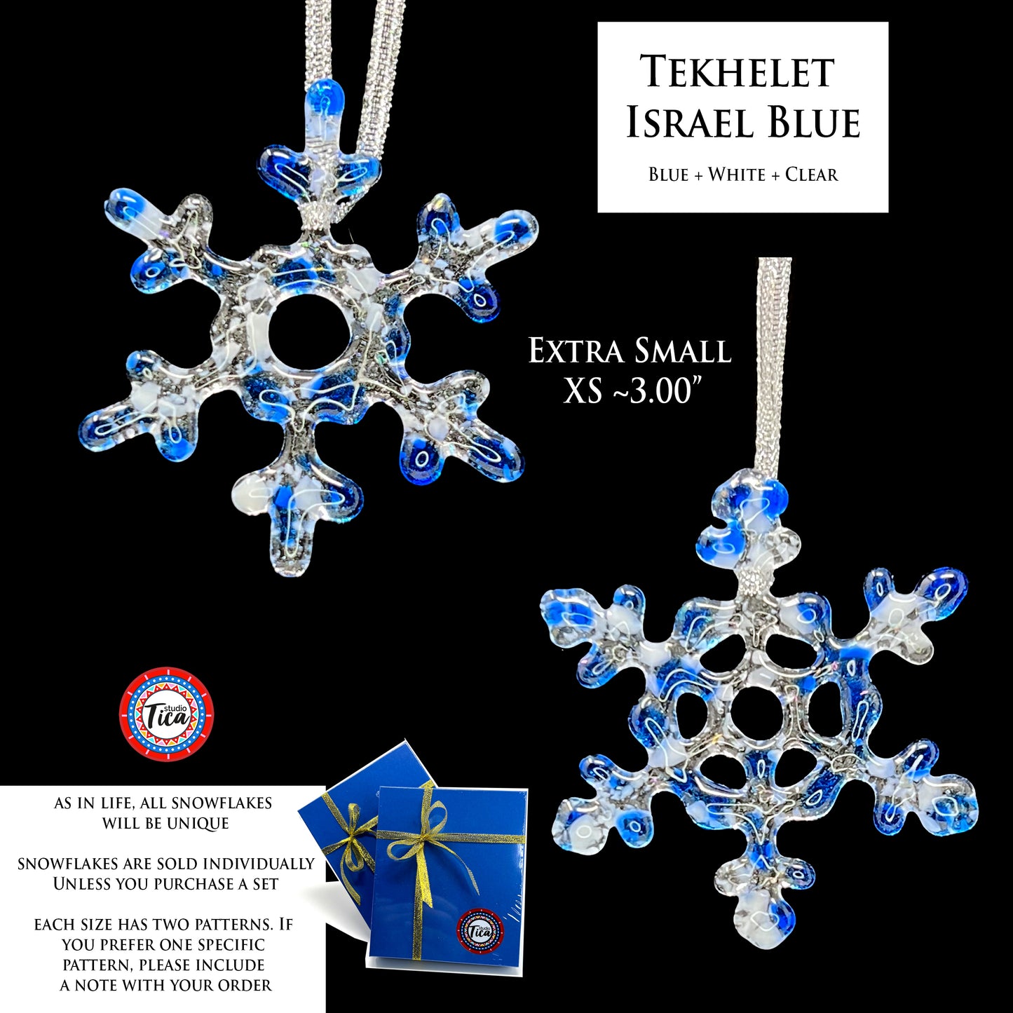 Handmade Glass Snowflake - Tekhelet Israel Blue - by studioTica