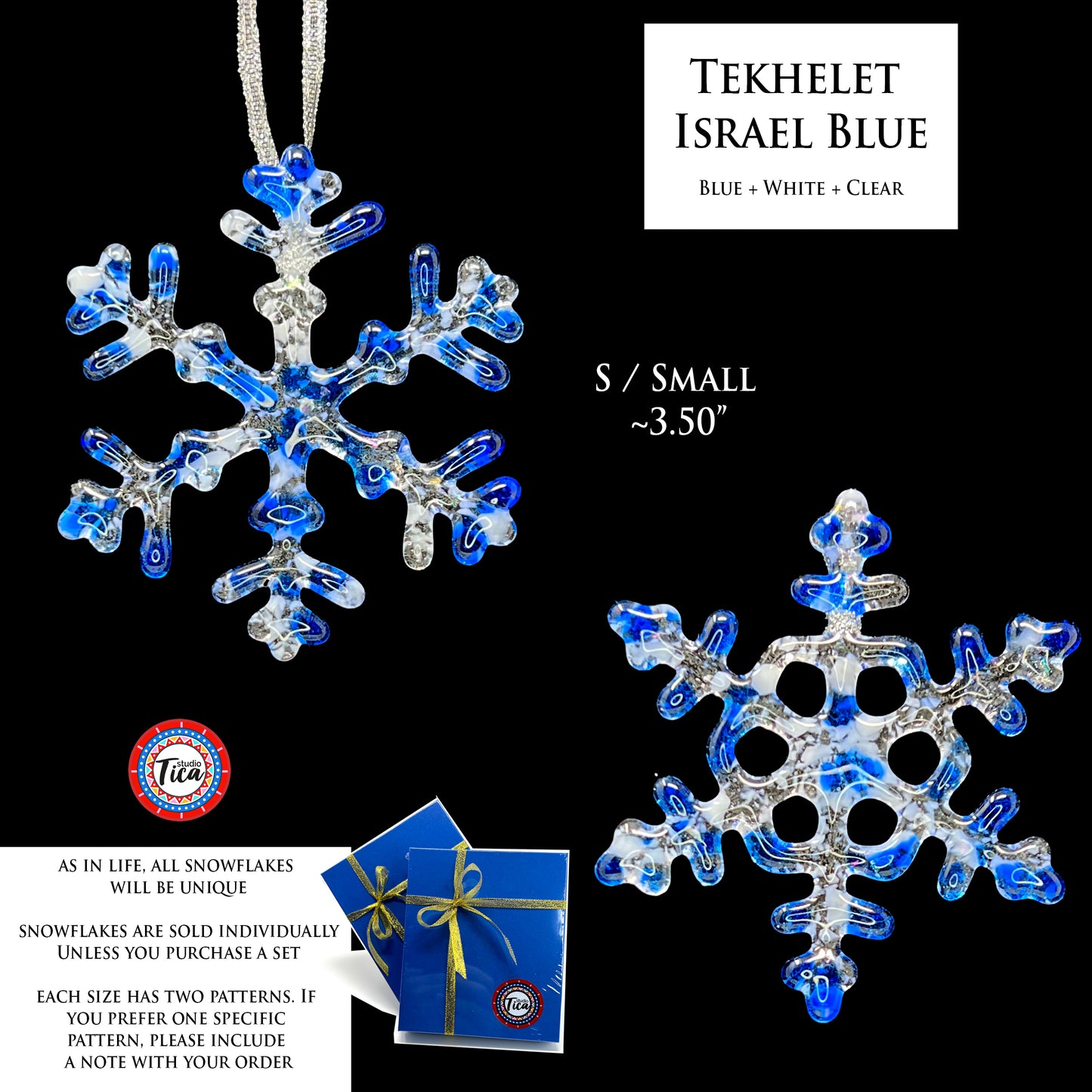 Handmade Glass Snowflake - Tekhelet Israel Blue - by studioTica