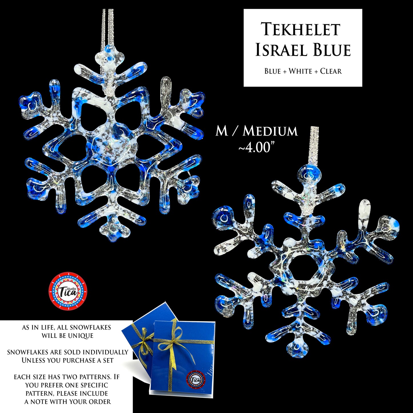 Handmade Glass Snowflake - Tekhelet Israel Blue - by studioTica