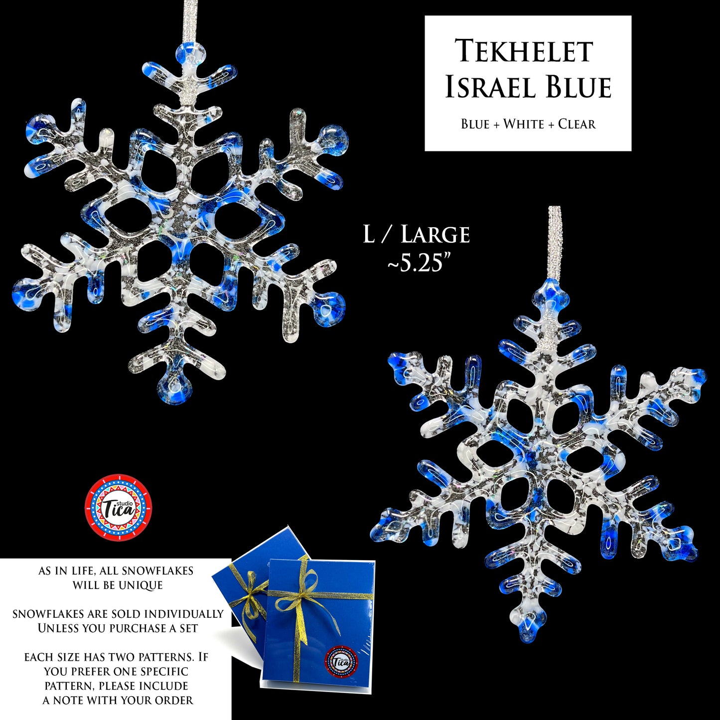 Handmade Glass Snowflake - Tekhelet Israel Blue - by studioTica
