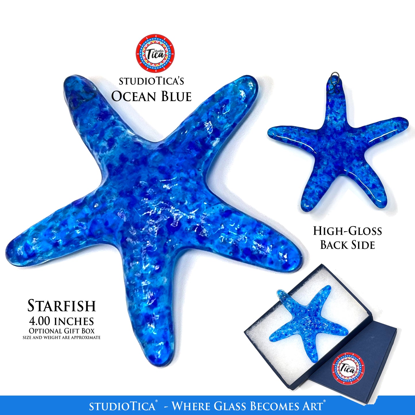 studioTica Handmade Glass Starfish - Crystal and Ocean Blue