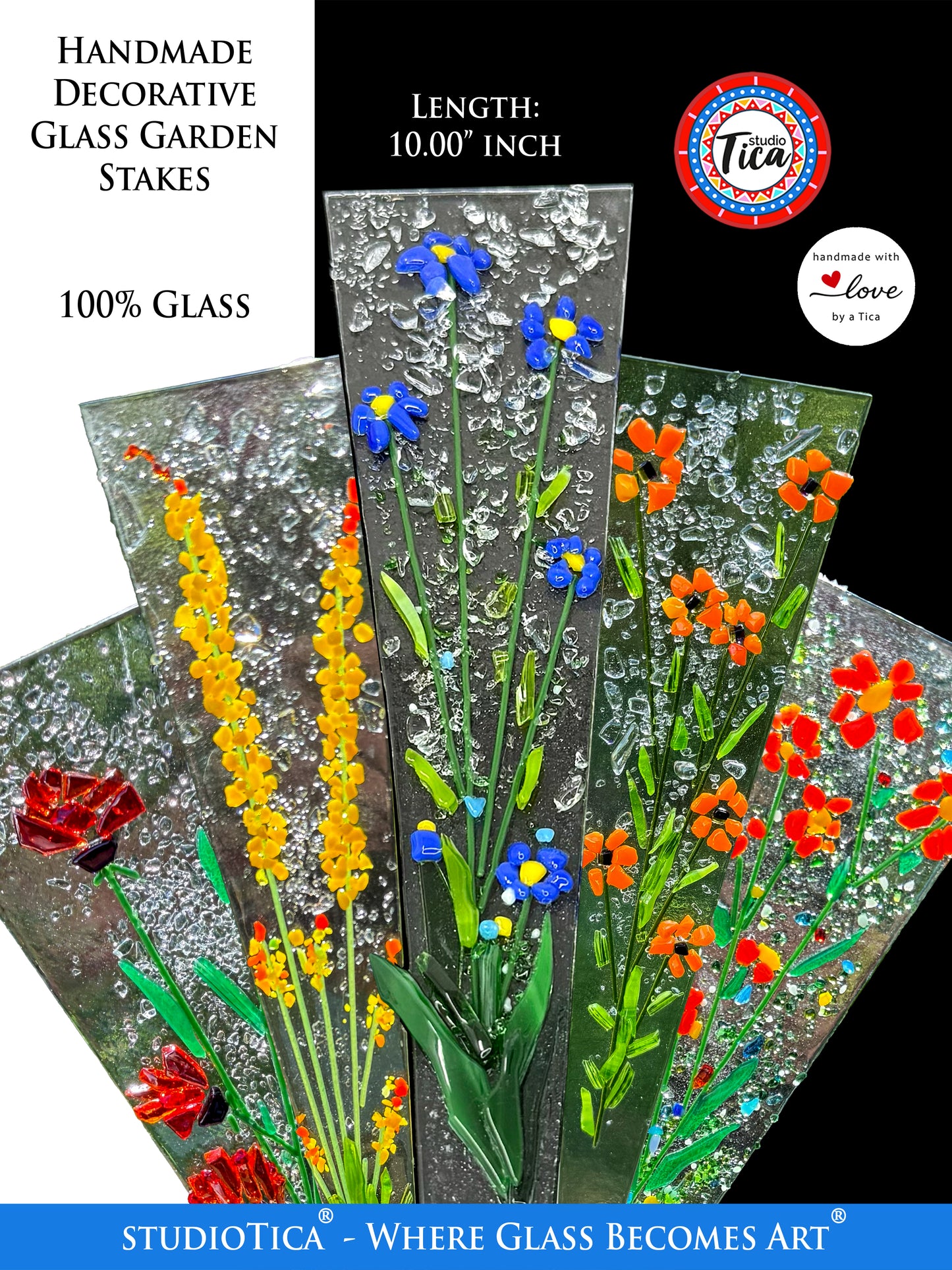 Handmade Glass Garden Stakes - 10-inches