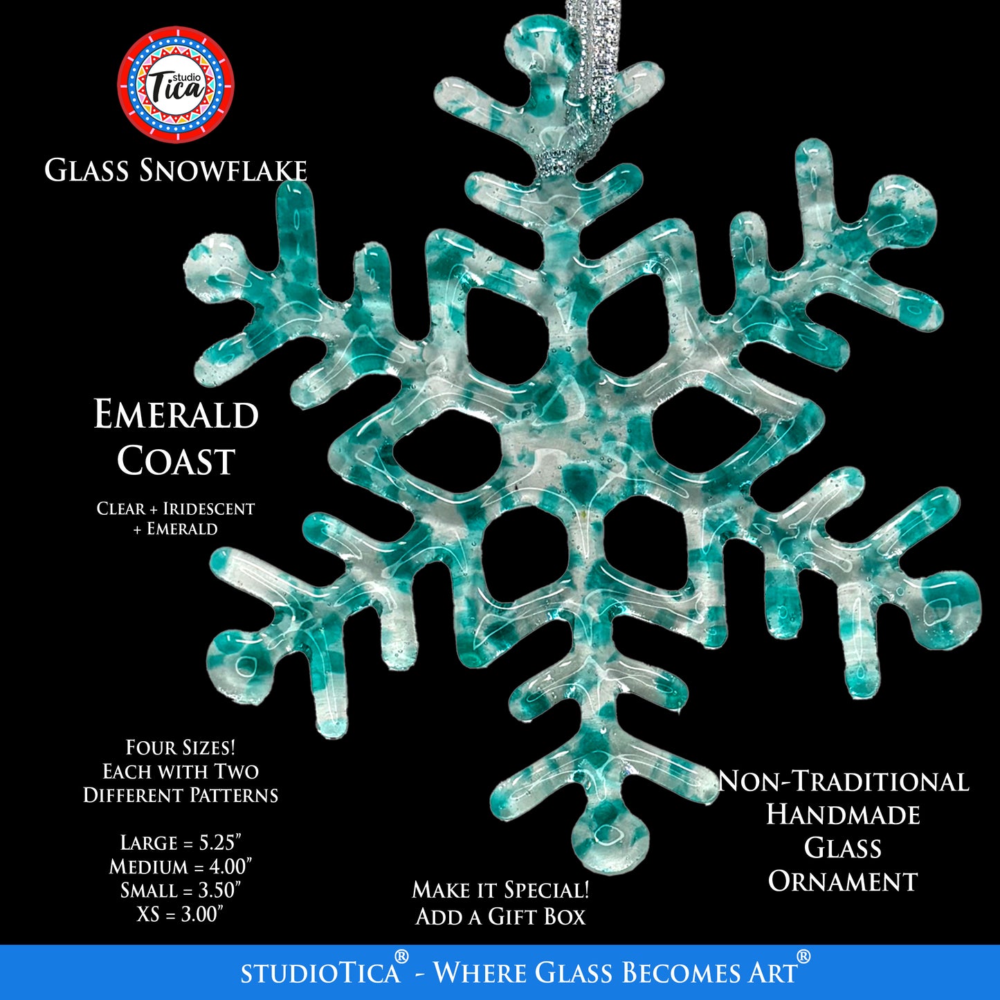 Handmade Glass Snowflake - Emerald Coast - by studioTica