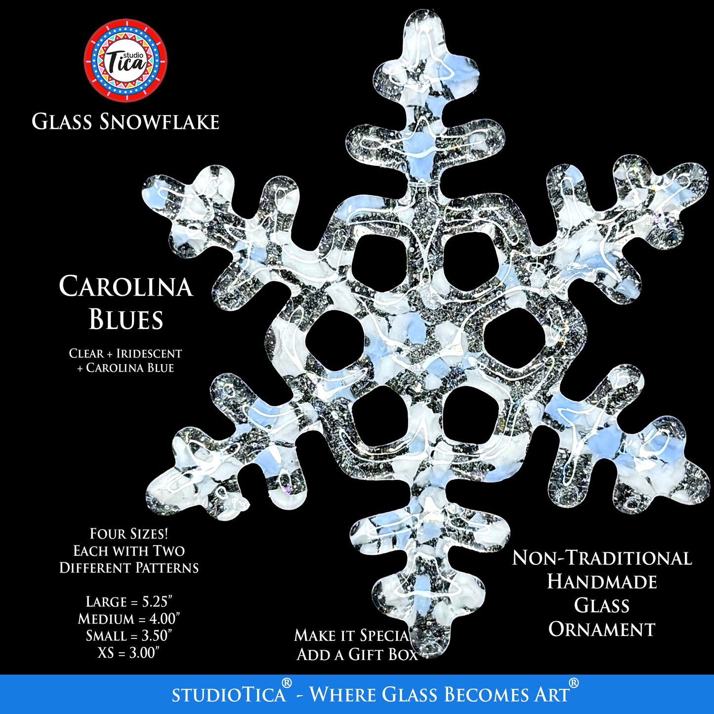 Handmade Glass Snowflake - Carolina Blues - by studioTica