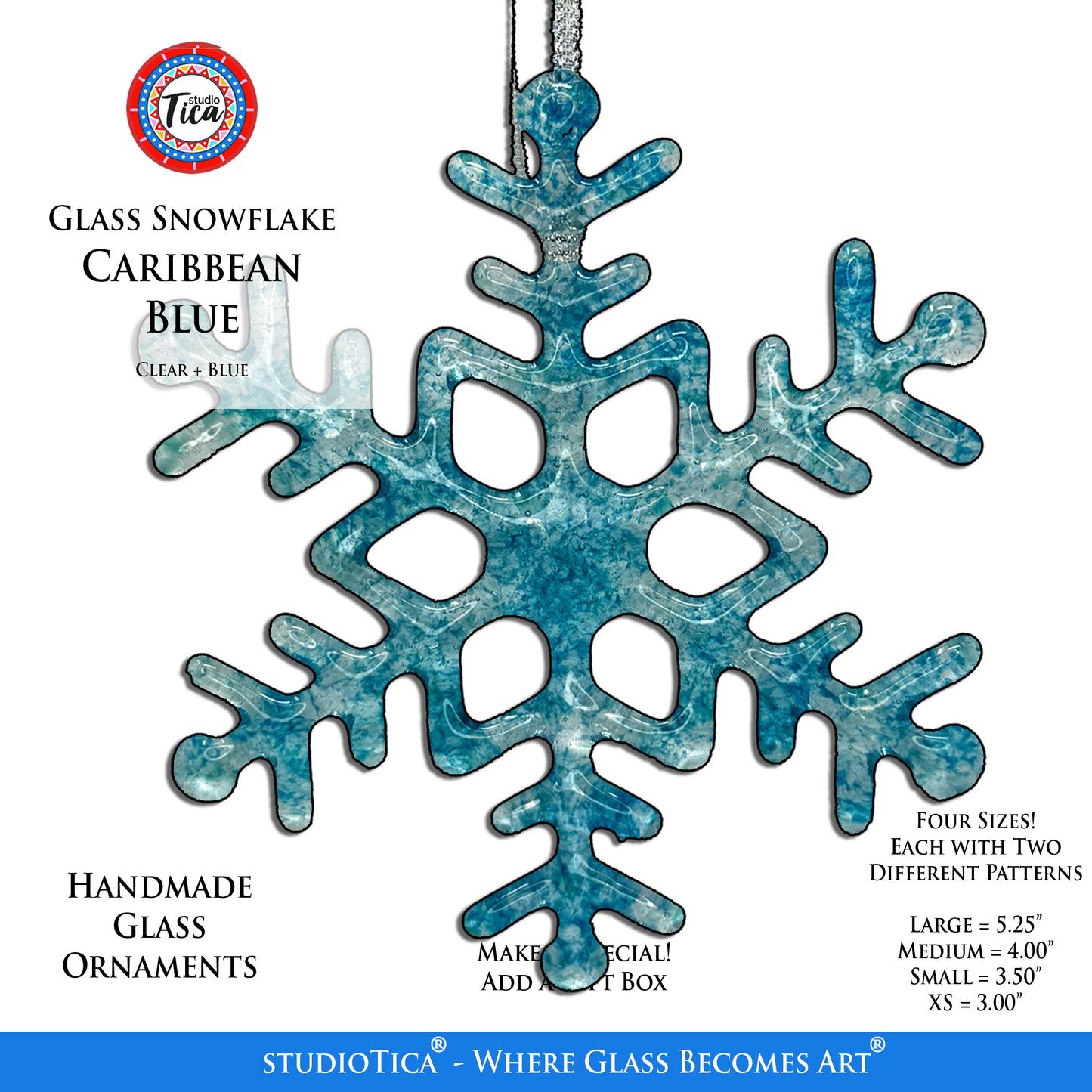 Handmade Glass Snowflake - Caribbean Blue - by studioTica