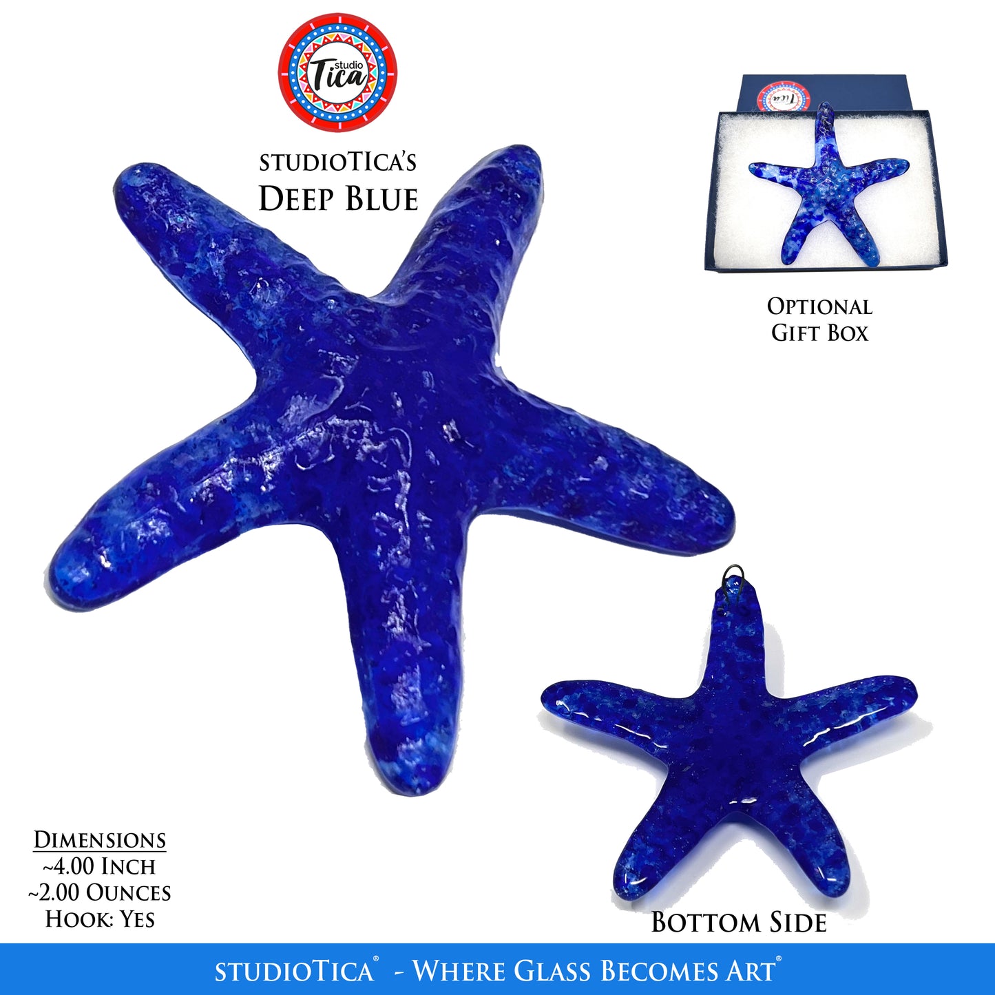 studioTica Handmade Glass Starfish - Deep Blue + Blue Tip